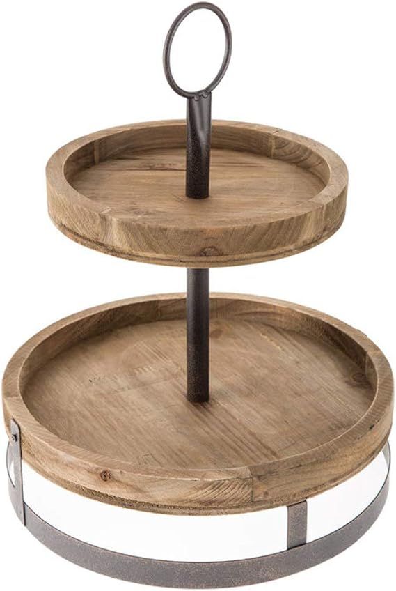 Round Two-Tiered Wood Tray With Metal Accents | Amazon (US)