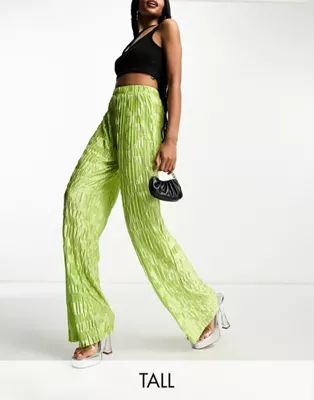 Urban Threads Tall satin plisse wide leg pants in lime - part of a set | ASOS (Global)
