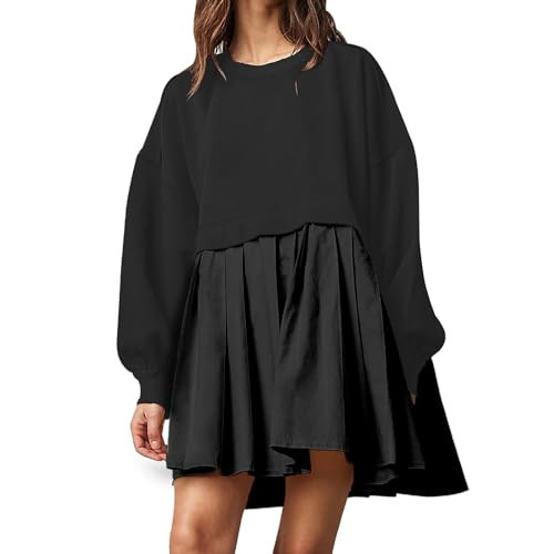 Chatinction Oversized Sweatshirt Dress Women Long Sleeve Crew Neck Patchwork Pullover Tops Sweatshirt Jump Mini Dress Black S | Amazon (US)