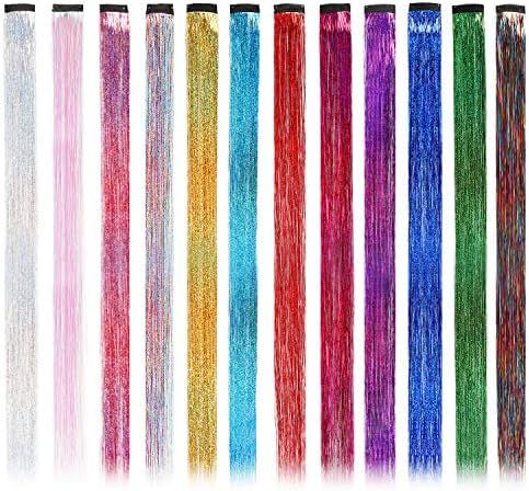 Shiny Clip in Hair Tinsel, 12Pcs Fairy Hair Tinsel Kit Glitter Colored Party Highlights Clip on Tins | Amazon (US)