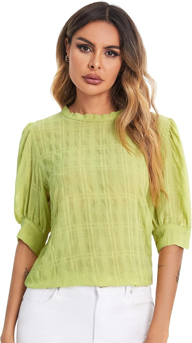 SheIn Women's Grid Office Blouse Work Top Puff Sleeve Shirt Blouses | Amazon (US)