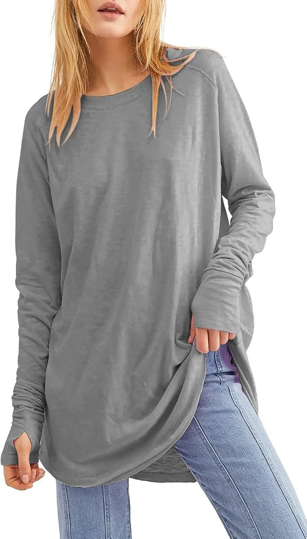 Fisoew Women's Casual Long Sleeve Tops Crew Neck Round Hem Loose T-Shirts Tunic Tops with Thumb Hole | Amazon (US)
