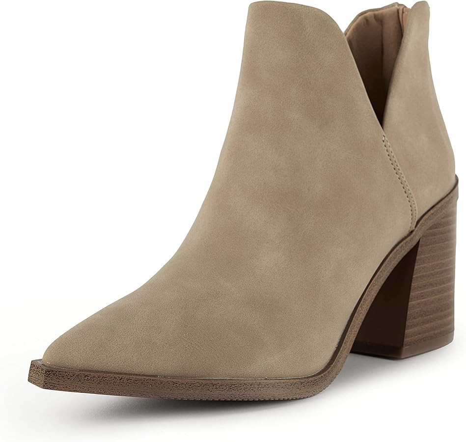 Kathemoi Womens Slip on Ankle Boots V Cutout Pointed Toe Chunky Stacked Mid Heel Booties | Amazon (US)