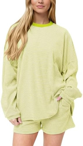 MISSACTIVER Women's Striped Lounge Set Long Sleeve Tee Shirts Drawstring Wide Leg Shorts Matching... | Amazon (US)