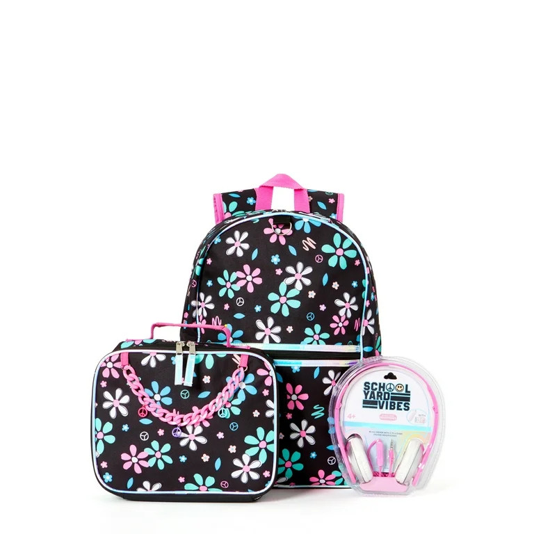 Schoolyard Vibes Daisy Floral Girls 16" 3 Piece Headphone with Lunch Backpack Set, Black | Walmart (US)