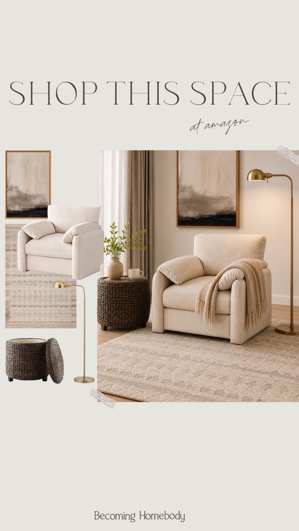 Shop this Space: the coziest reading nook with all Amazon home finds. 🤎 This cozy armchair is such an elevated find! Plus, I love that gold floor lamp. 😍