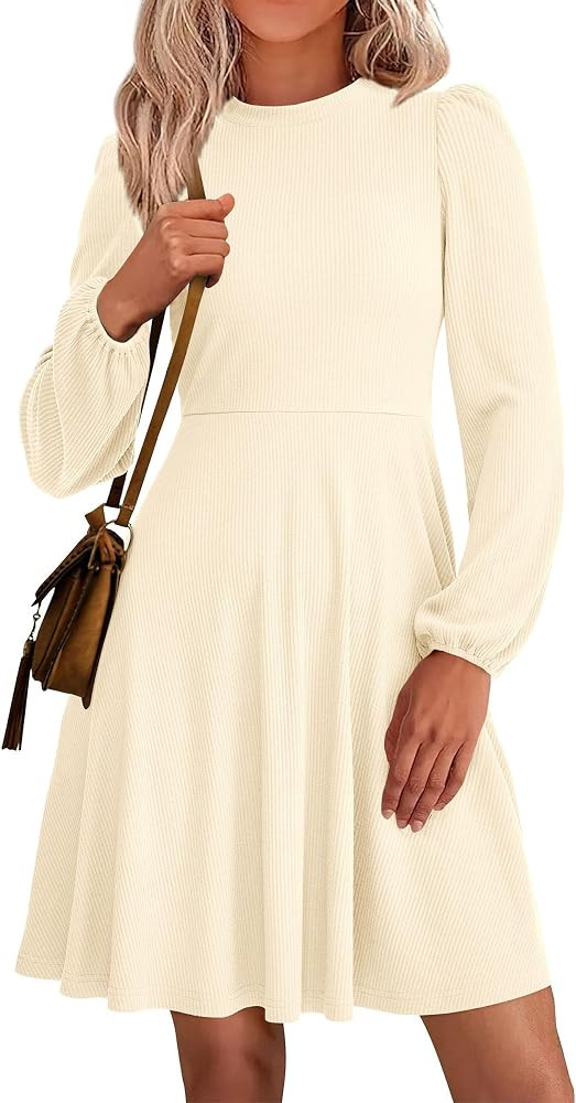 PRETTYGARDEN Womens Long Sleeve Mini Dress 2025 Fall Trendy Crewneck Ribbed Knit Soft A Line Flow... | Amazon (US)