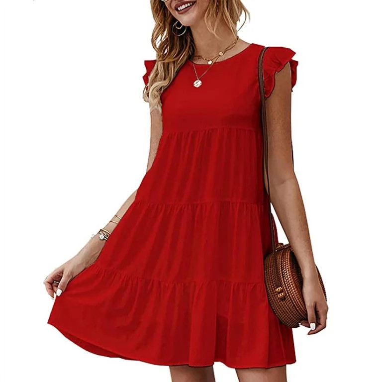 Solid Color Round Neck Short Sleeve Casual Cake Dress Pleated Swing Skirt Summer Casual Loose Ela... | Walmart (US)
