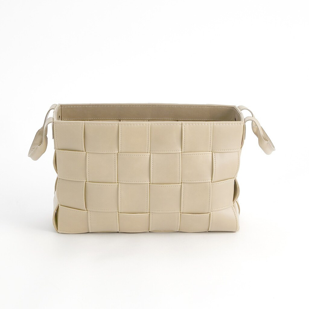 Small Soft Woven Leather Basket In Beige and White | 1stopbedrooms