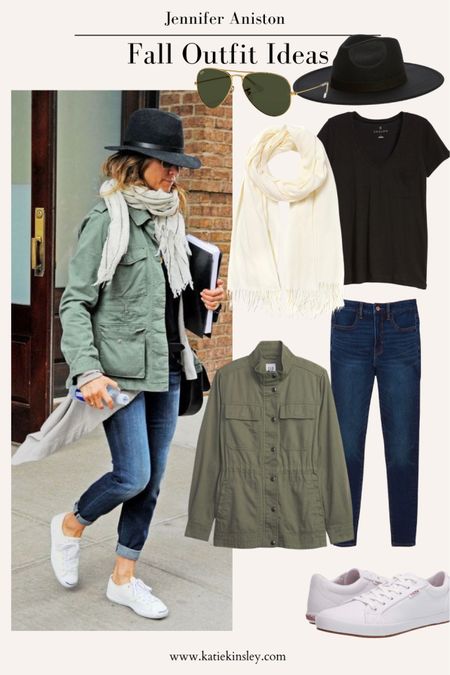 Jennifer Aniston fall outfit idea: skinny jeans, black top, utility jacket, white sneakers, cream scarf

#LTKstyletip #LTKFind #LTKSeasonal