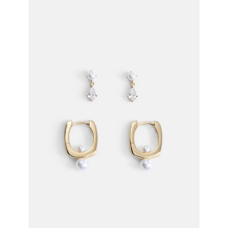 Free Assembly Women's Demi Fine 14K Gold Plated Cubic Zirconia and Simulated Pearl Earring Set, 2... | Walmart (US)