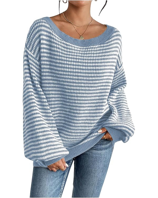 SOLY HUX Women's Off The Shoulder Striped Sweaters Oversized Long Sleeve Knit Pullover Tops | Amazon (US)