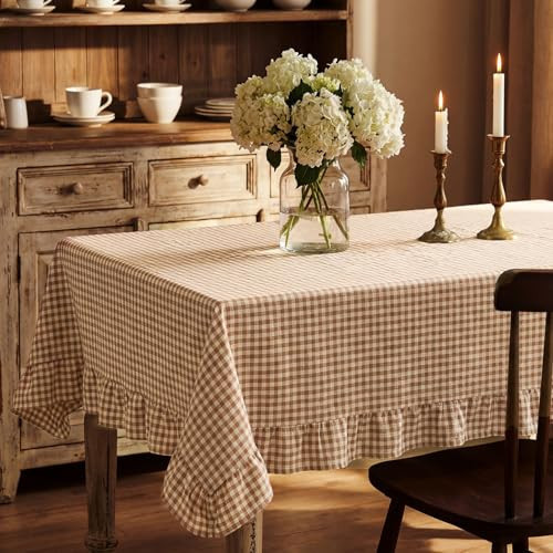 Mindsoft Brown Gingham Ruffled Tablecloth 84 x 60 Inches Rectangle Cotton Linen Checkered Table Cloth Buffalo Plaid Farmhouse Vintage Decorative Tablecover for Picnic Kitchen Dining Room Home Party | Amazon (US)