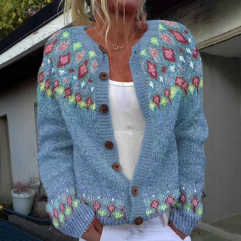 Royisotas Womens Button Down Sweaters Plus Size Light Blue Cardigan Knit Printed Winter Long Slee... | Walmart (US)