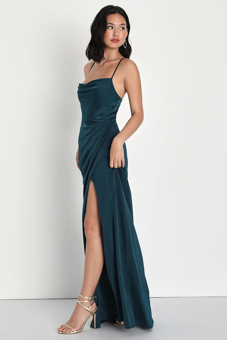 Moments of Beauty Dark Teal Satin Cowl Neck Tulip Maxi Dress | Lulus