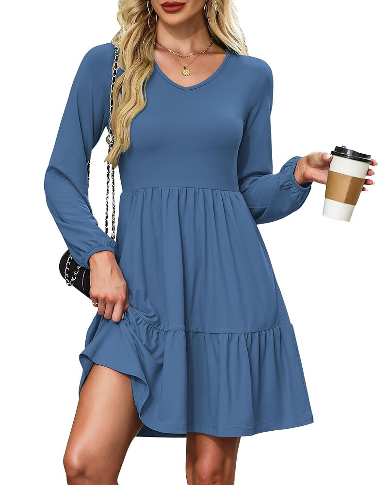 AUSELILY Womens Long Sleeve Dress 2025 Fall Casual V Neck Tiered Swing Flowy A-line Mini Short Dr... | Amazon (US)