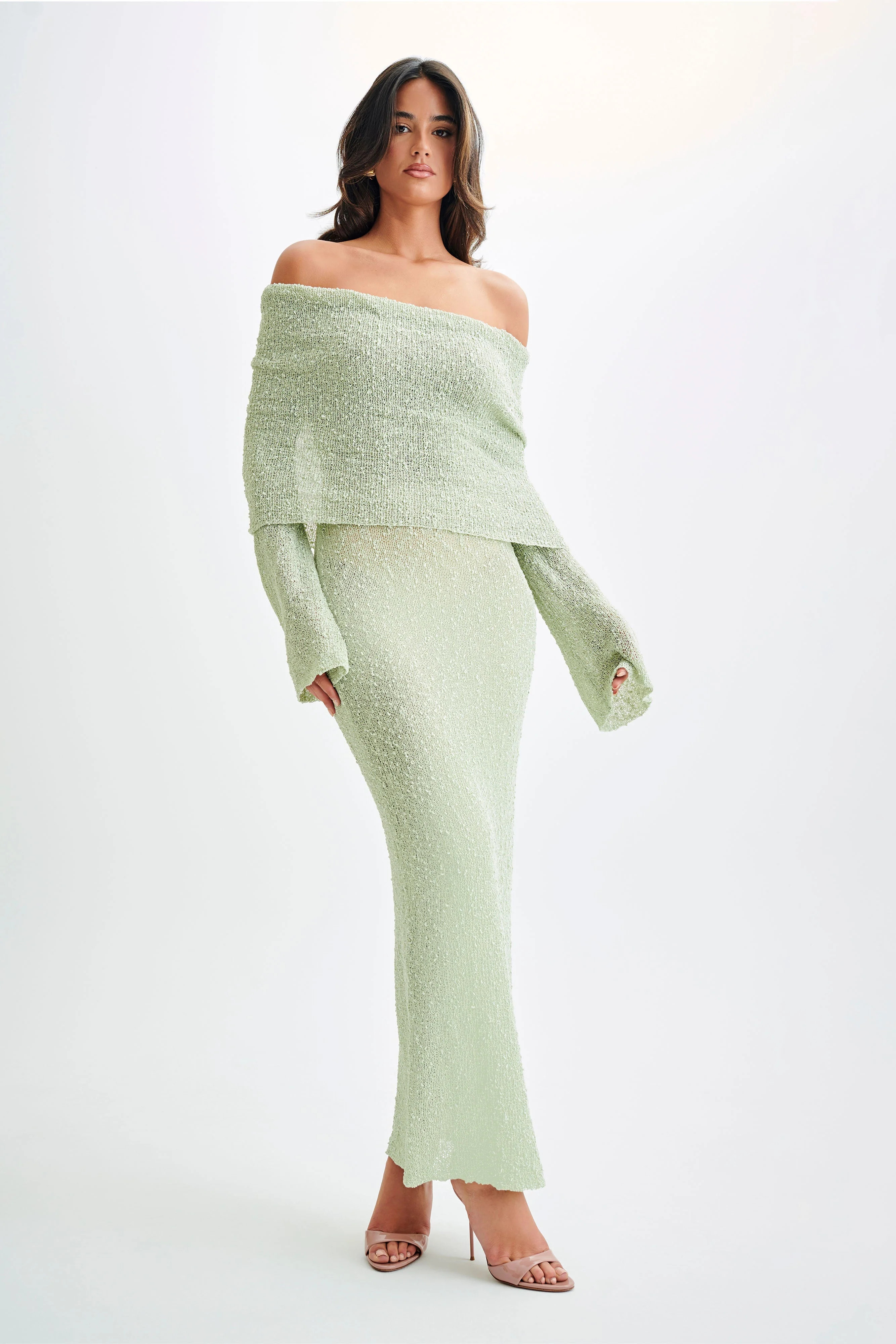 Marisol Off Shoulder Boucle Maxi Dress - Pastel Green | MESHKI US