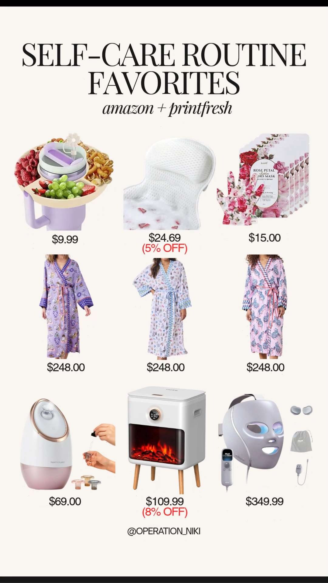 Transform your evening routine with these curated self-care favorites. ☁️ Taking the time to completely unwind and pour back into yourself is essential, and these pieces bring a cozy, luxury vibe to your space.



Follow for more @OPERATION_NIKI on IG, TikTok, & Facebook 

 #SelfCareRoutine #NighttimeReset #Printfresh #OperationNiki #CozyVibes #AmazonFinds #SkincareRoutine #BathEssentials #LedMask #HomeReset #SelfCareUniform #LuxuryAtHome #LTKselfcare #LTKHome