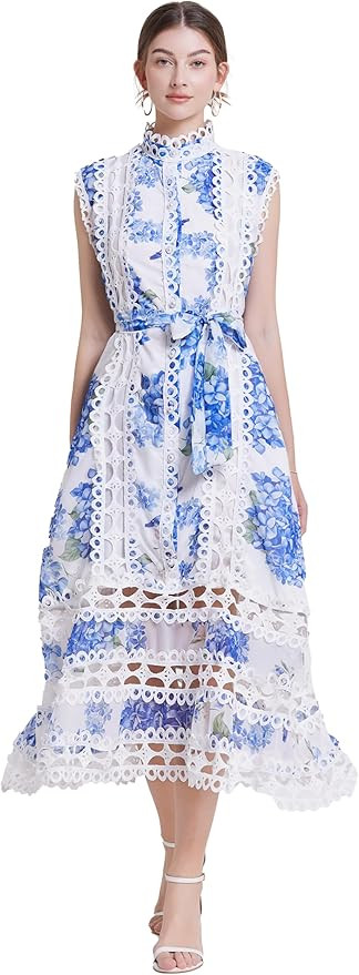 LAI MENG FIVE CATS Women's Sleeveless Hollow Out Lace Button Up Casual Midi Party Dress with Belt | Amazon (US)