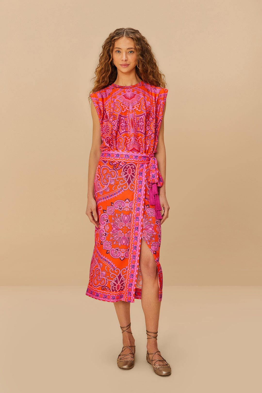 Red Paisley Scarf LENZING™ ECOVERO™ Viscose Midi Skirt | FarmRio (US)