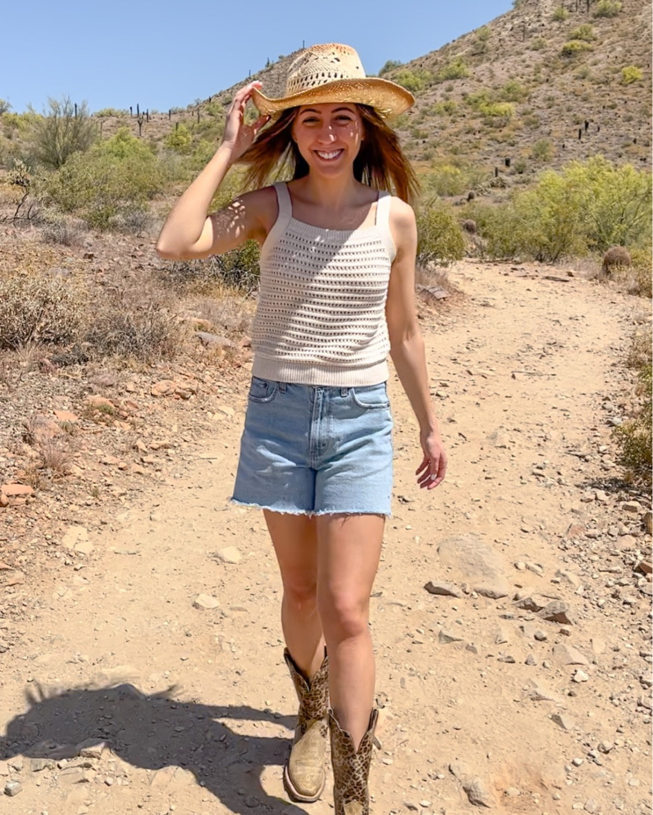 Coastal Cowgirl Meets the West; Target Crochet Tank Top, Abercrombie Denim Shorts, Amazon Cowboy Cowgirl Hat, Ariat Cowboy Cowgirl Boots

#LTKstyletip