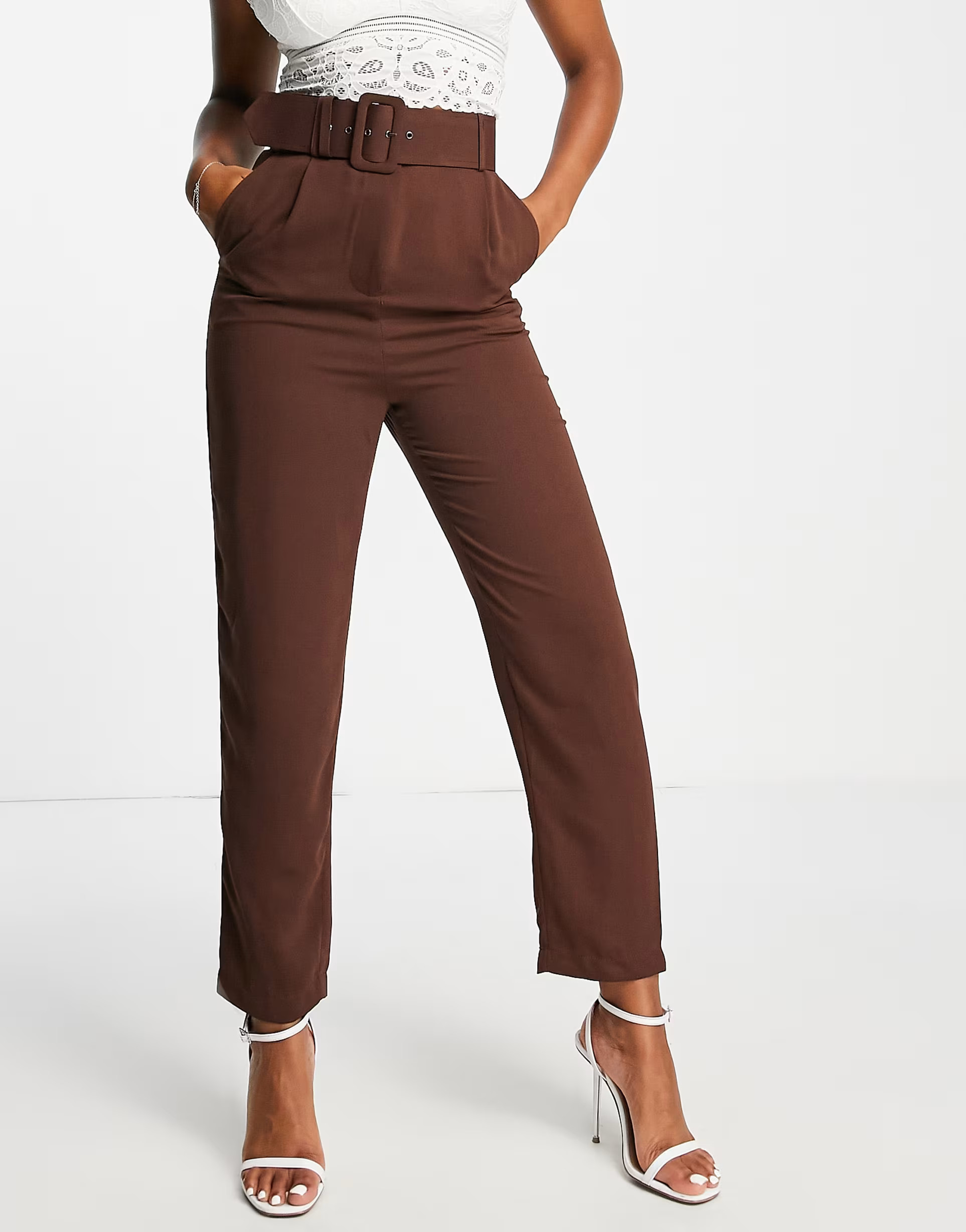 Style Cheat high waisted tailored trouser with buckle in chocolate | ASOS (Global)