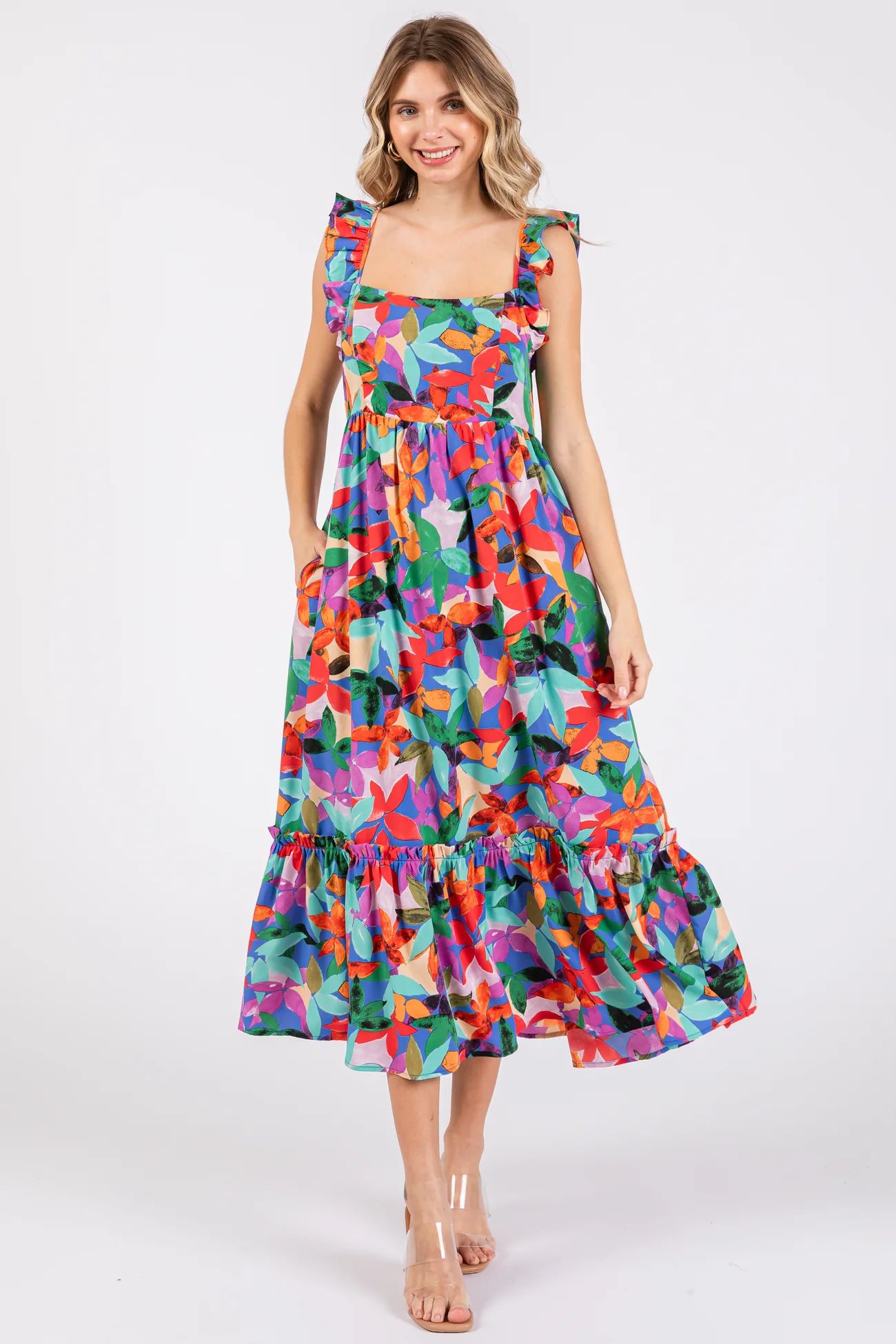 Blue Floral Satin Square Neck Ruffle Strap Midi Dress | PinkBlush Maternity