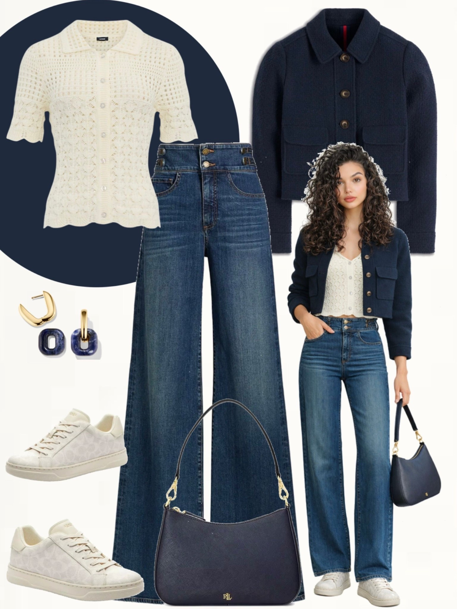 Cream crochet top with dark wash wide-leg jeans, navy cropped jacket, white sneakers, and a navy shoulder bag with gold details.
#springoutfit #casualchic #denimstyle

#LTKSeasonal #LTKOver40 #LTKootd