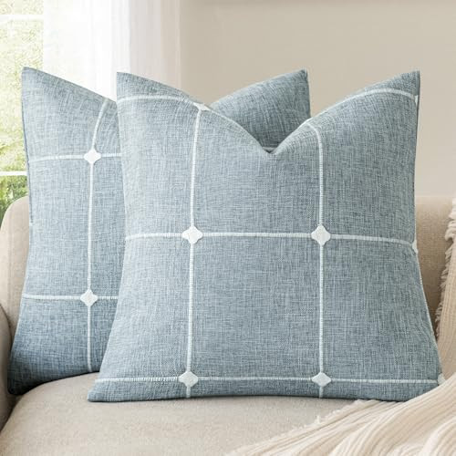 Foindtower Pack of 2 Decorative Faux Linen Jacquard Check Throw Pillow Covers Farmhouse Cushion Cover with Grid Textured Accent Pillowcase for Couch Sofa Living Room Home Decor,22×22 Inch,Light Blue | Amazon (CA)