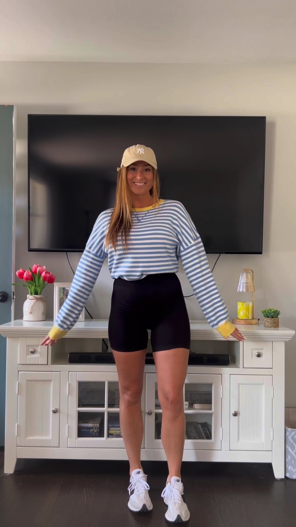 casual athletic outfit. walking outfit. striped pullover. biker shorts outfit. new balance sneakers for woman  

#LTKShoeCrush #LTKFindsUnder100 #LTKStyleTip
