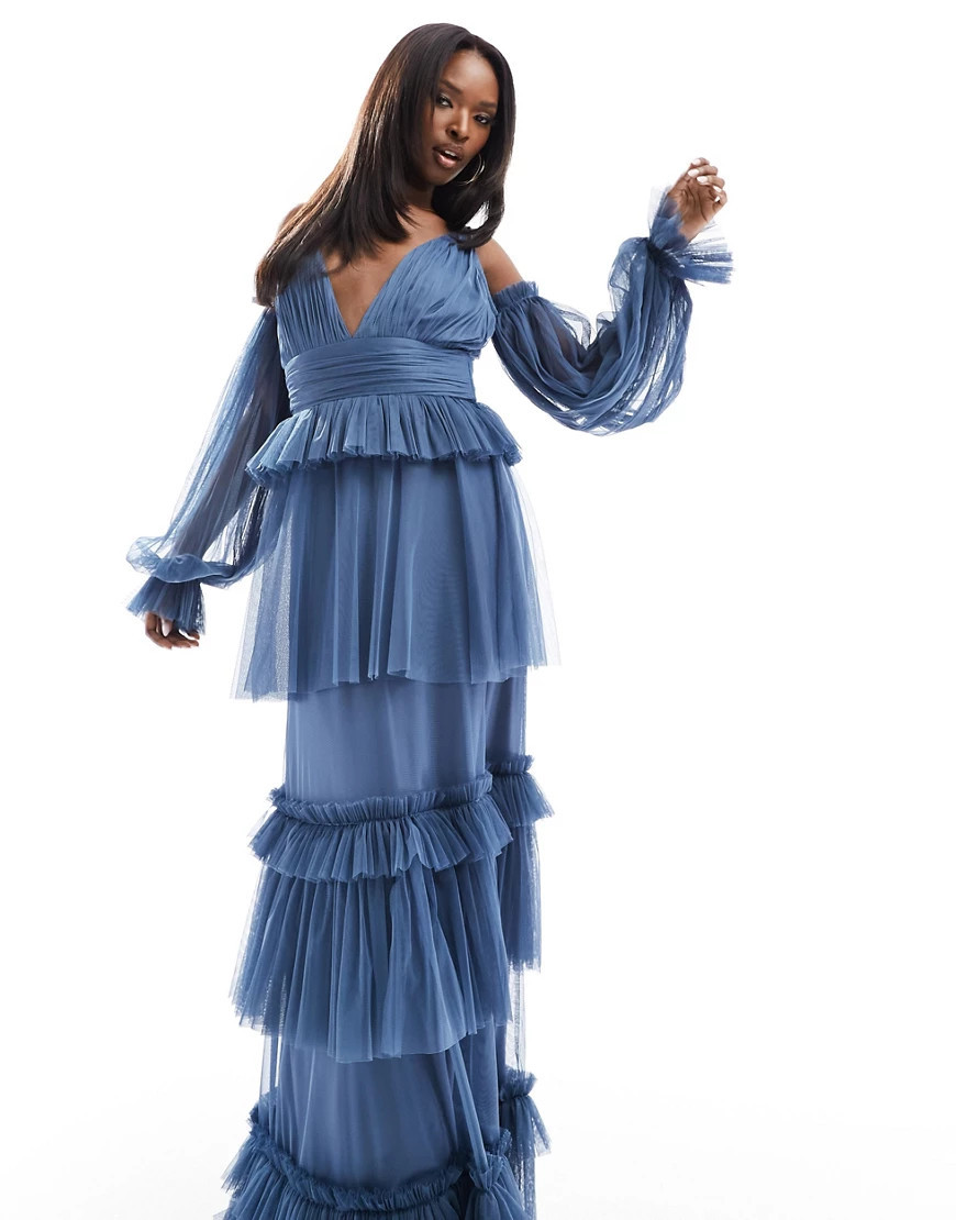 Lace & Beads sheer sleeve tulle tiered maxi dress in blue | ASOS (Global)