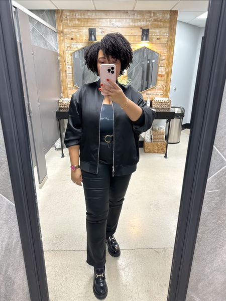 OOTD effortless casual church outfit. I’m wearing these black coated jeans and bomber jacket from express and one of their compression bodysuits. I paired with my black chunky loafers and I was good to go! Everything is currently on sale. Let me know if you have any questions. 

#LTKmidsize #LTKsalealert #LTKCyberWeek