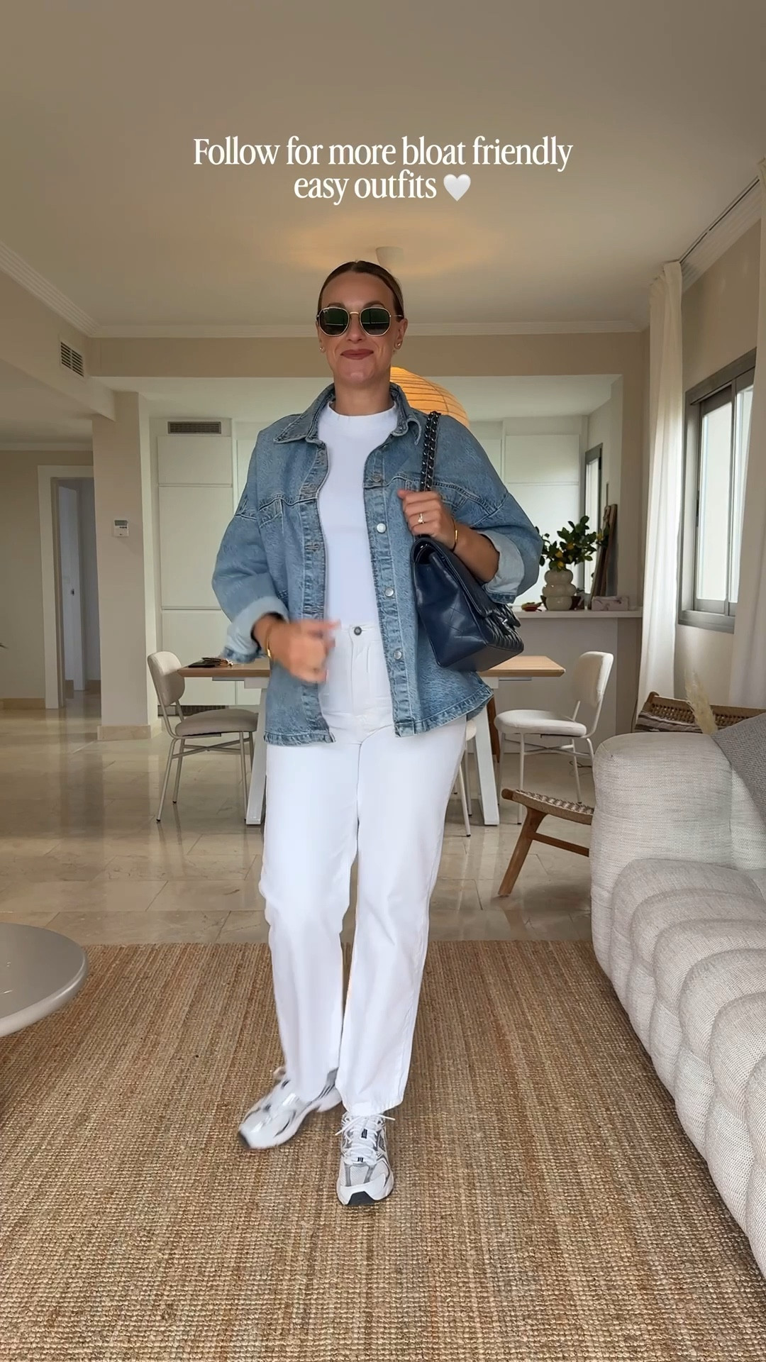Day 19 of 30 mid-size spring outfit of the days denim oversized jacket, white straight leg jeans, white mom jeans, white T-shirt, navy Chanel handbag #LTKxAFSale 

#LTKsummer #LTKeurope