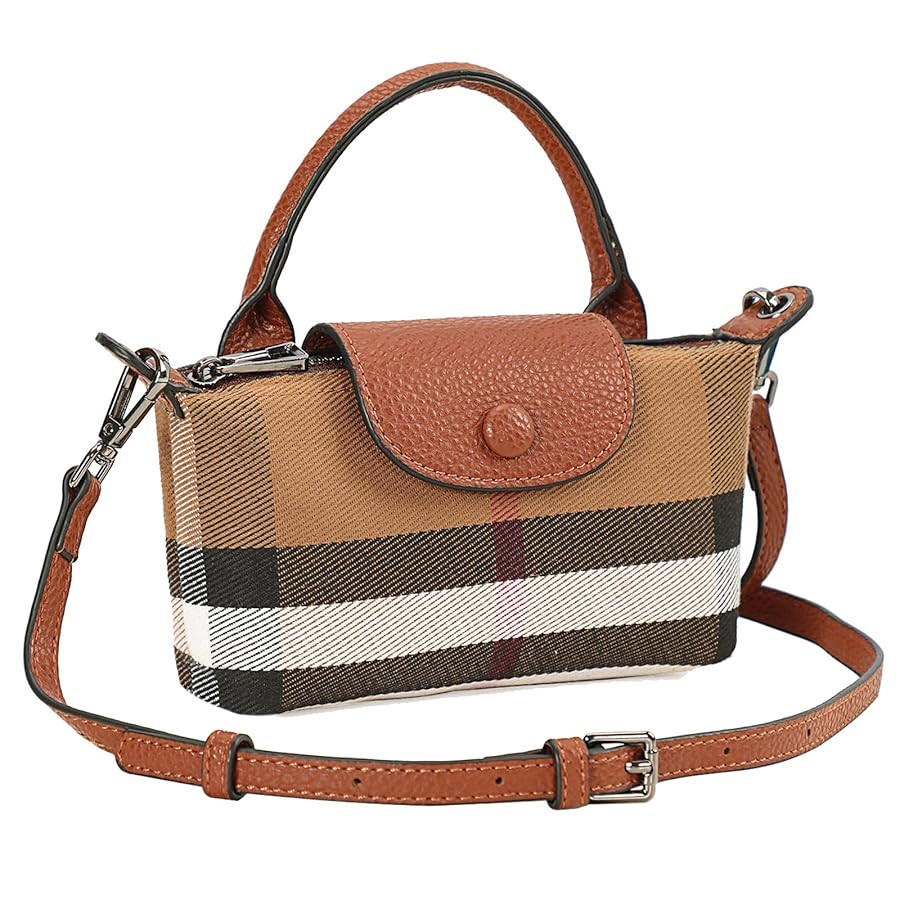 Mini Plaid Canvas Handbag for Women PU Leather Top Handle Checked Bucket Hand Bag | Amazon (US)