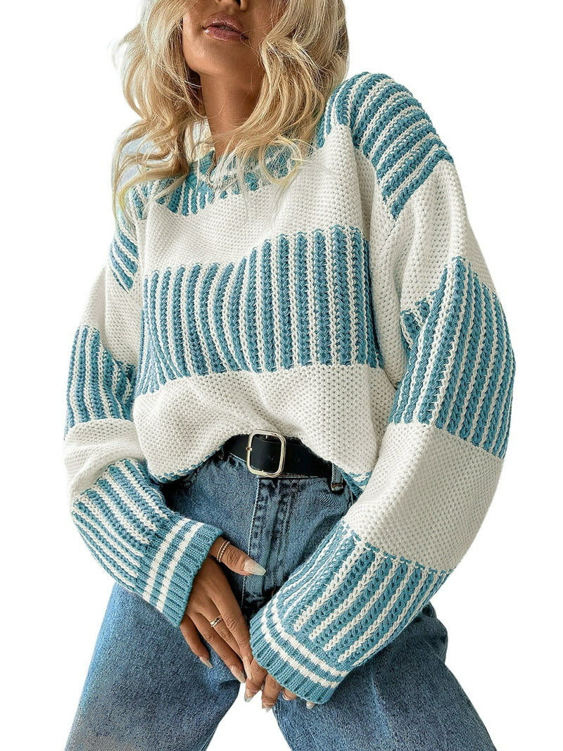 Women's Light Blue Two Tone Striped Sweater – Casual Loose Fit for Fall & Autumn | L | Walmart (US)