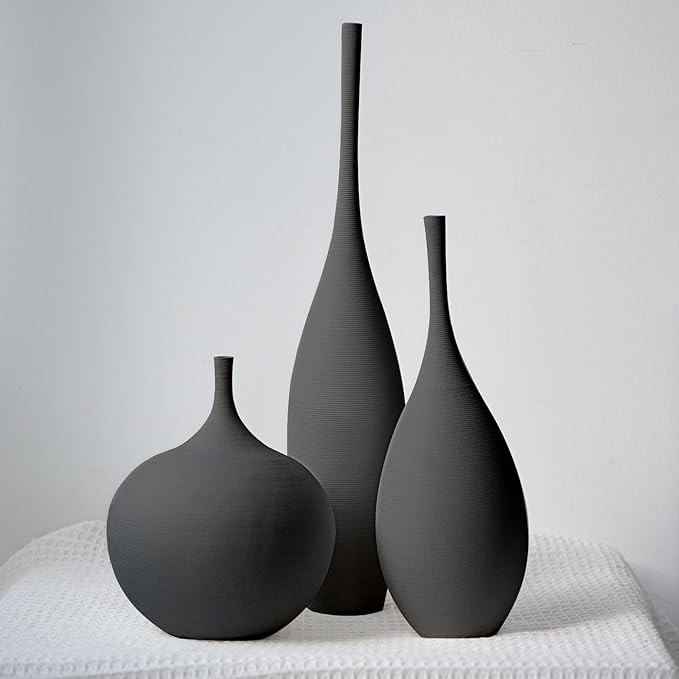 Black Ceramic Vase Modern Boho Wabi-Sabi Flower Vase Set of 3 Decorative Aesthetic Vases for Cent... | Amazon (US)