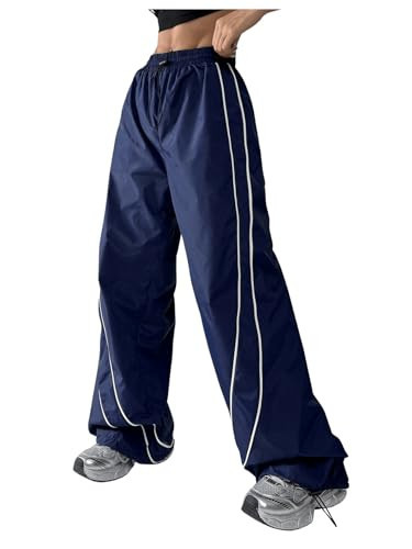OYOANGLE Women's Parachute Pants Elastic Waist Baggy Cargo Pants Straight Leg Sweatpants Streetwear Blue X-Small | Amazon (US)
