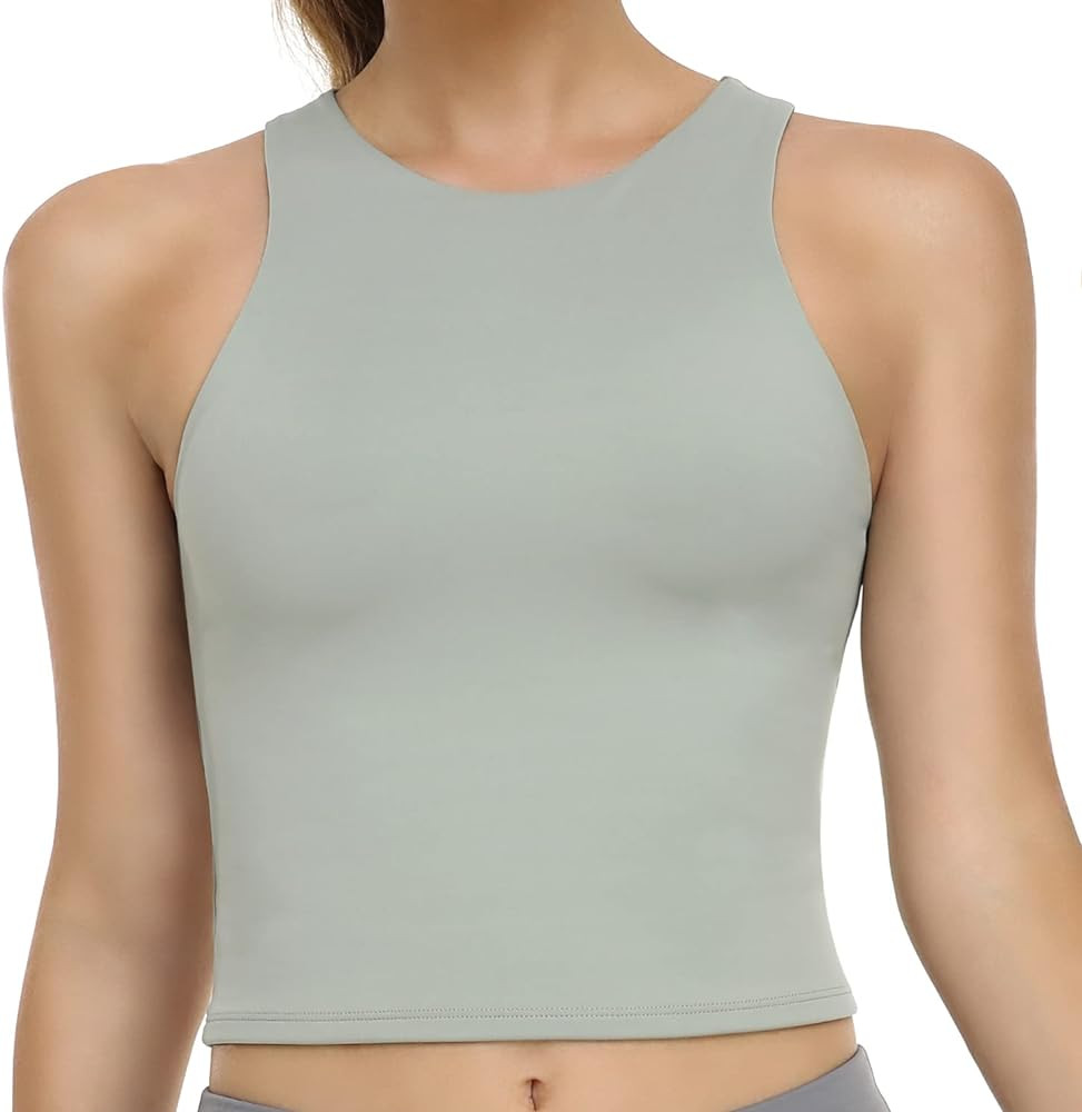 Colorfulkoala Women's High Neck Tank Tops Body Contour Sleeveless Crop Double Lined Yoga Shirts | Amazon (US)