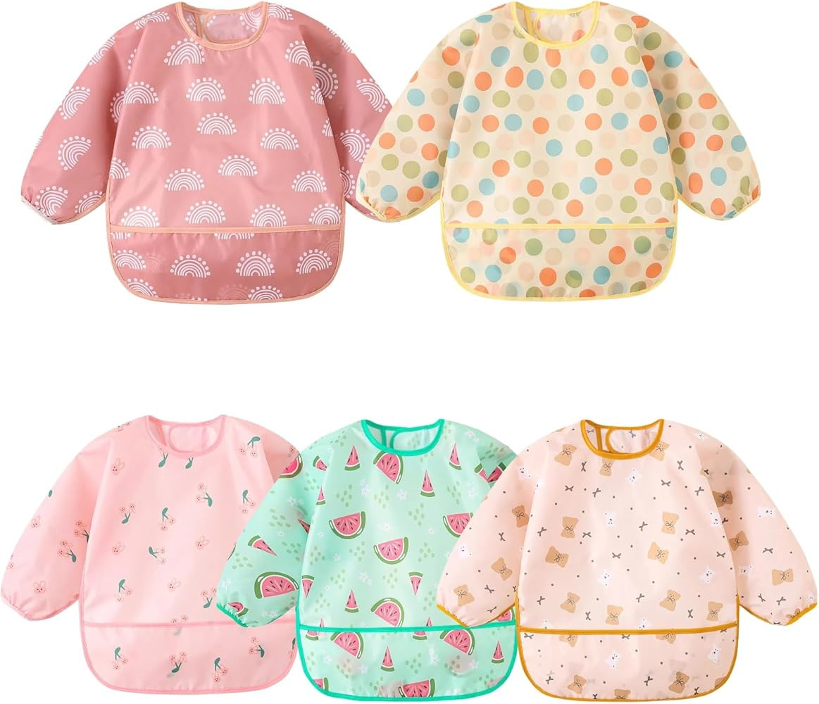 Long Sleeved Bibs,5 PCS Waterproof Wearable Bibs with Sleeves,Baby Feeding Smock 6-30 Months | Amazon (US)