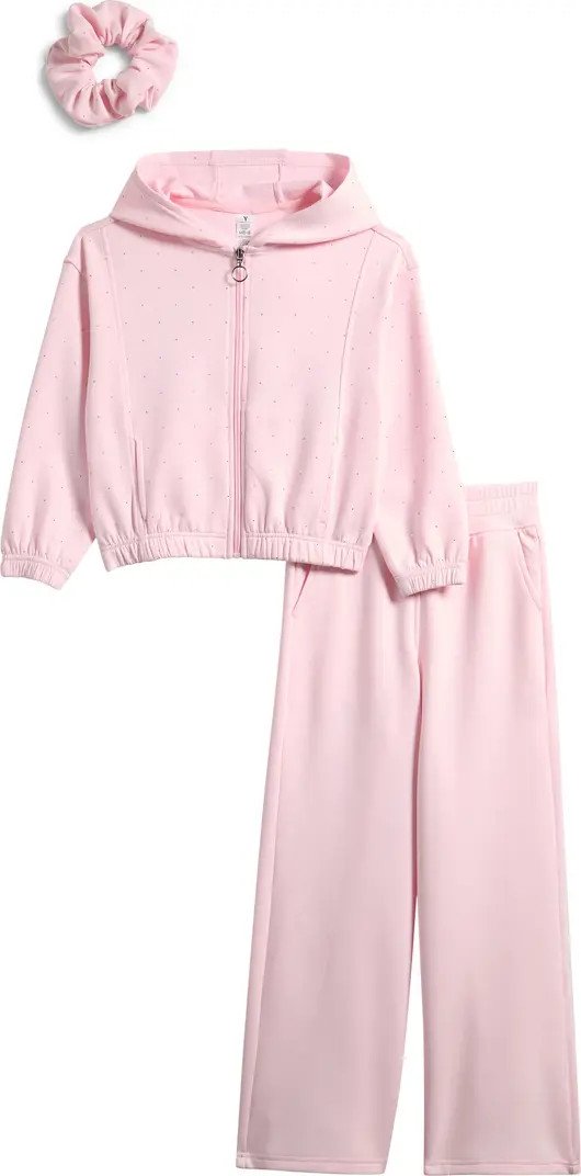 Kids' Rhinestone Zip-Up Hoodie, Flare Sweatpants & Scrunchie Set | Nordstrom Rack