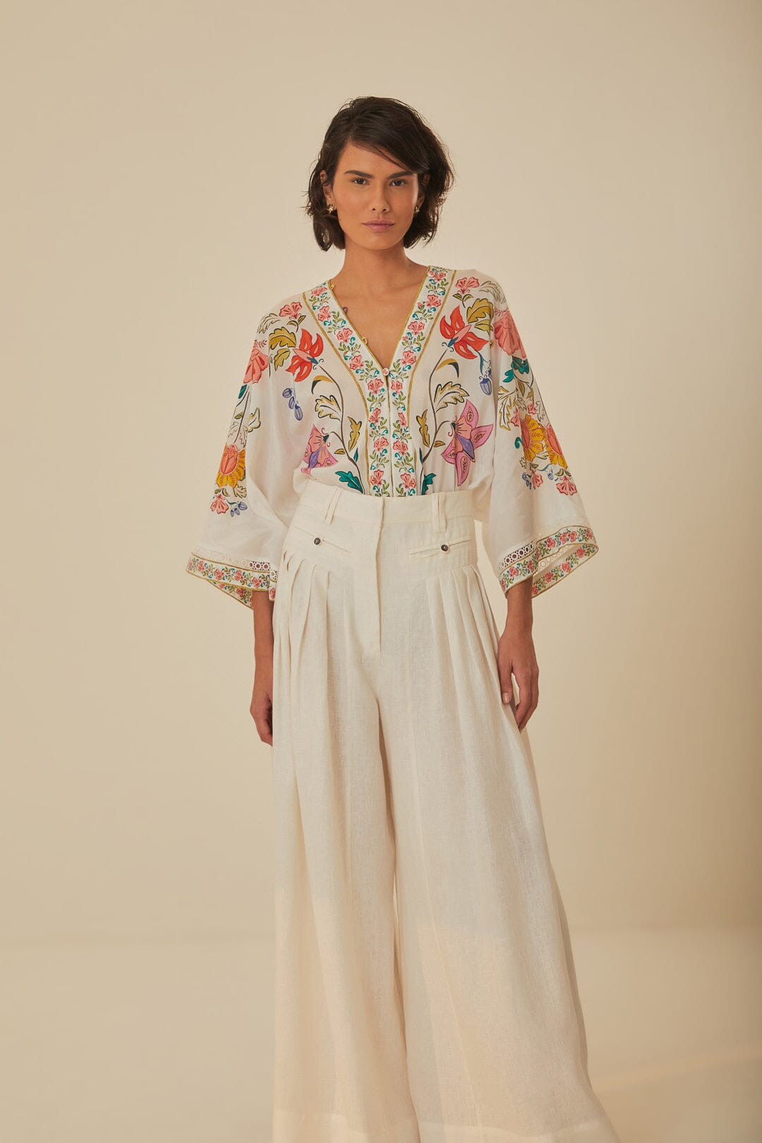 White Euroflax™ Premium Linen Pleated Pants | FarmRio (US)