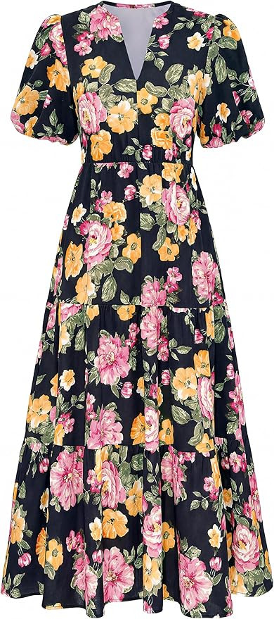 dowerme Womens Summer Dresses 2026 Casual Puff Short Sleeve V Neck Floral Boho Tiered Ruffle Maxi... | Amazon (US)