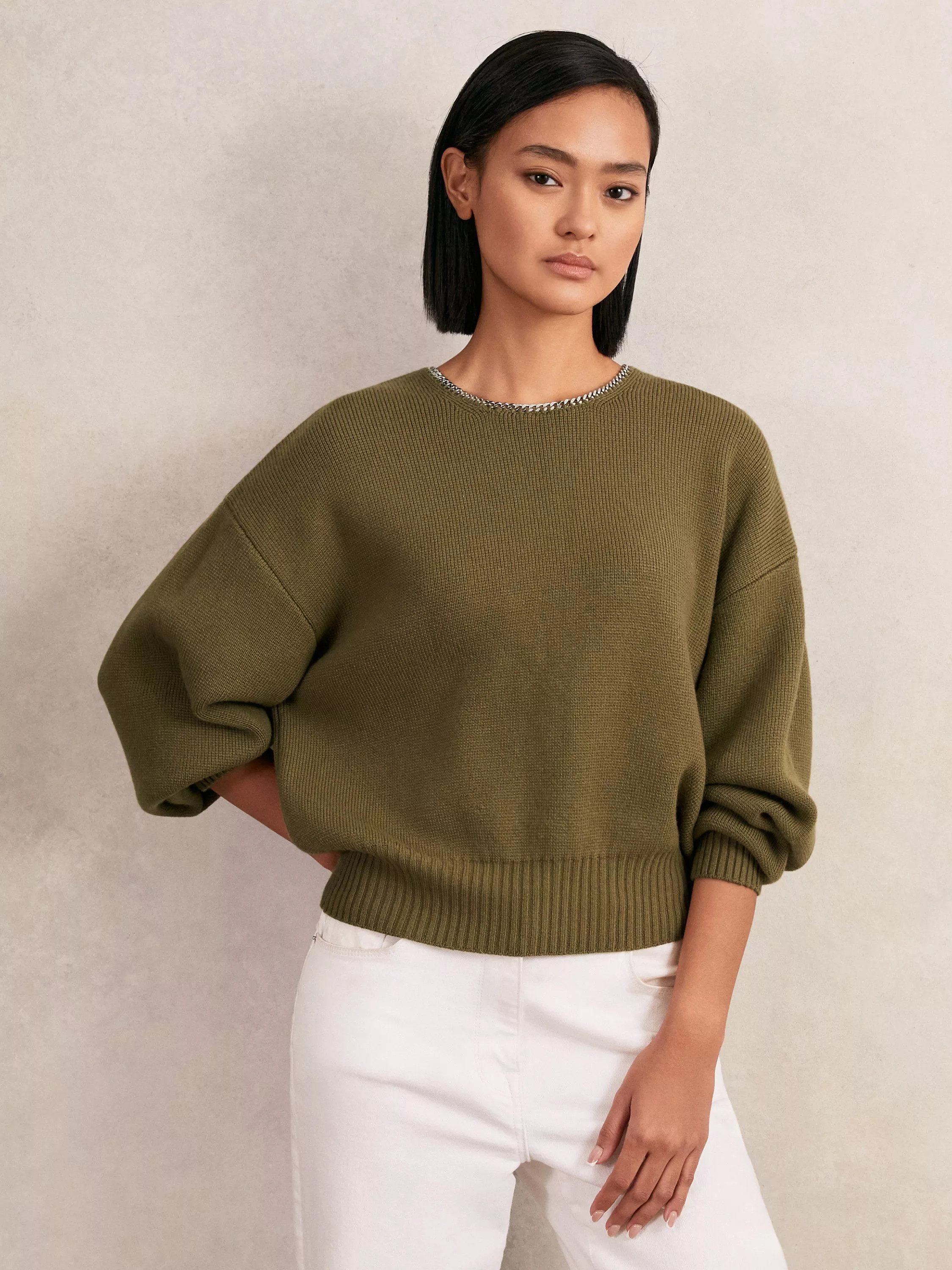 Reiss Nadia Embellished Neck Wool Blend Jumper, Sage Green | John Lewis (UK)