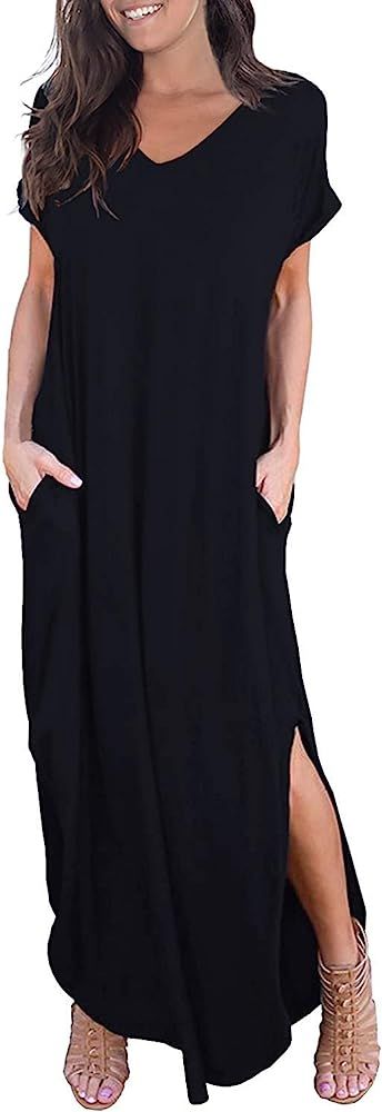 GRECERELLE Women's Casual Loose Pocket Long Dress Short Sleeve Split Maxi Dresses | Amazon (US)