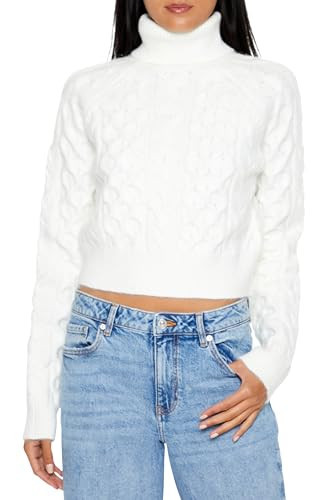 Forever 21 Women's Cropped Cable Knit Turtleneck Sweater White Small | Amazon (US)