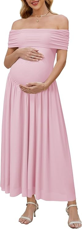 OUGES Women's 2026 Off The Shoulder Mesh Maxi Maternity Dress for Photoshoot Baby Shower Sleevele... | Amazon (US)