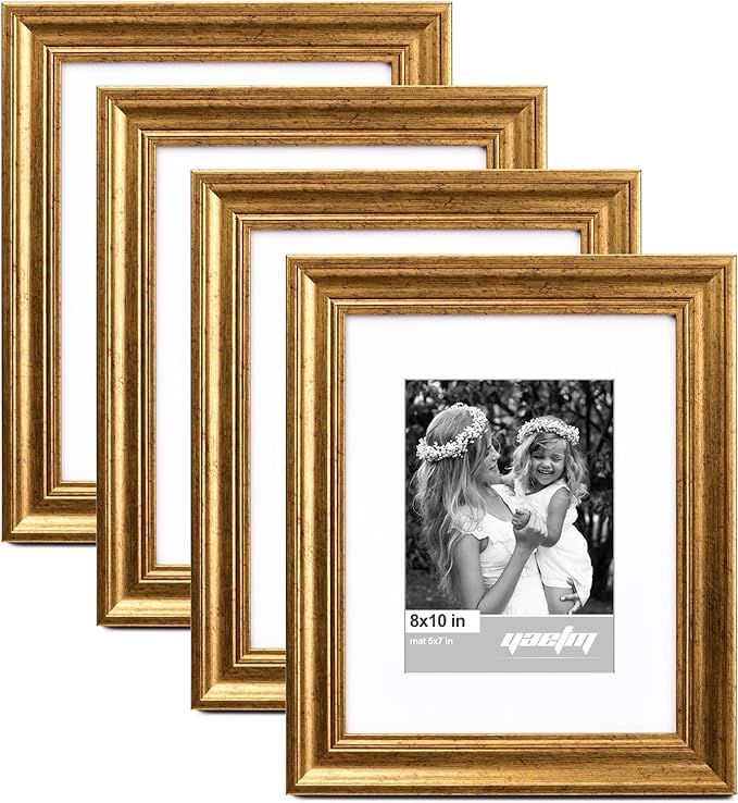 Yaetm 8x10 Picture Frame Matted to 5x7 Set of 4, 1.4” Wide Molding & Rustic Gold Photo Frames 8... | Amazon (US)