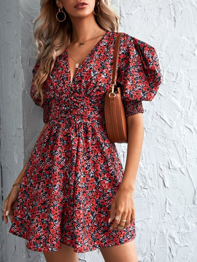 Floral Print Shirred Back Puff Sleeve Dress | SHEIN