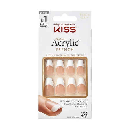 KISS Salon Acrylic Medium Coffin Press on Nails with Glue, White French, 28 Pieces | Walmart (US)