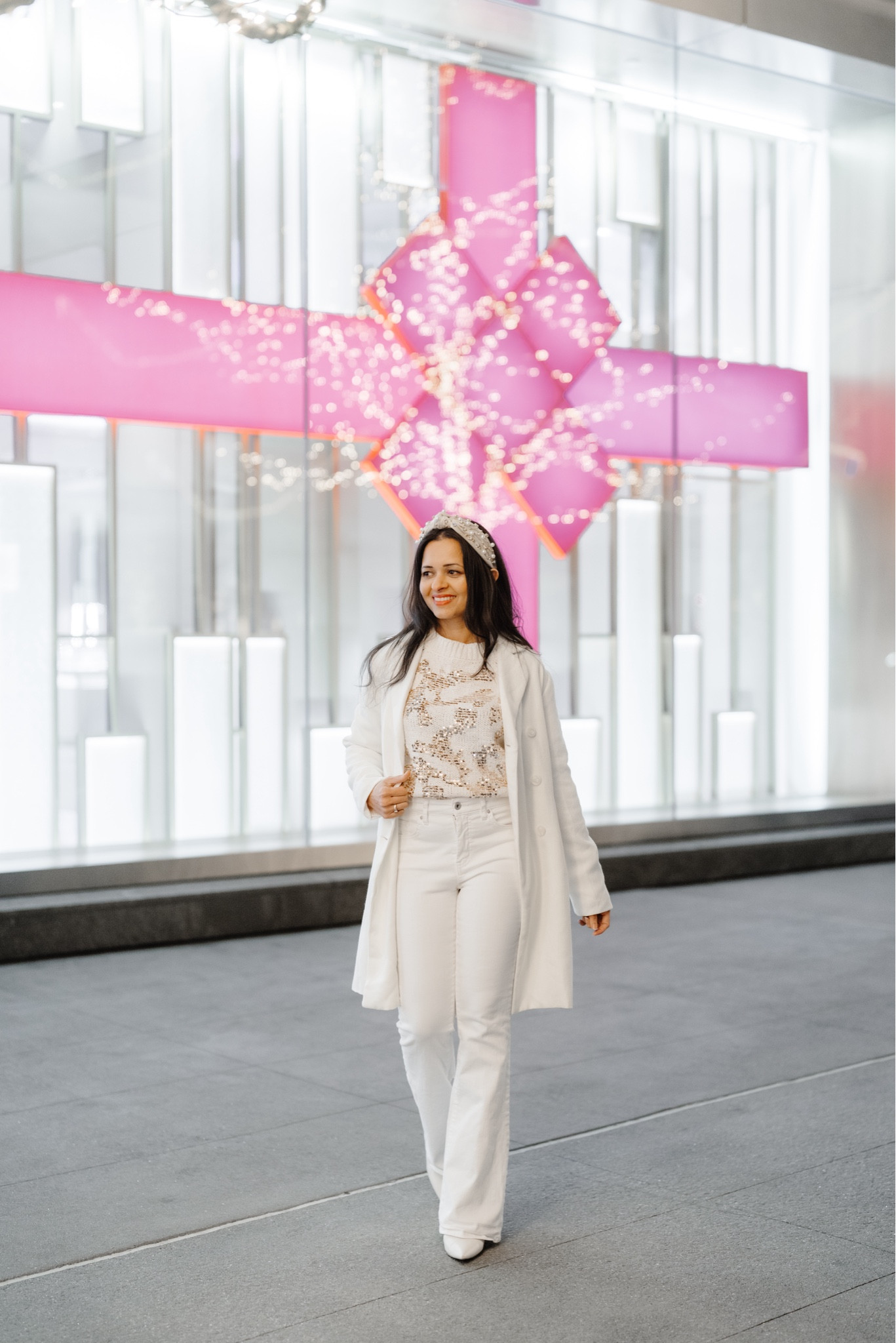 Sequin sweater 
White sweater 
White denim 
White coat 
Holiday outfit 
Cozy outfit 
All white outfit 


#LTKfindsunder100 #LTKCyberWeek #LTKHoliday